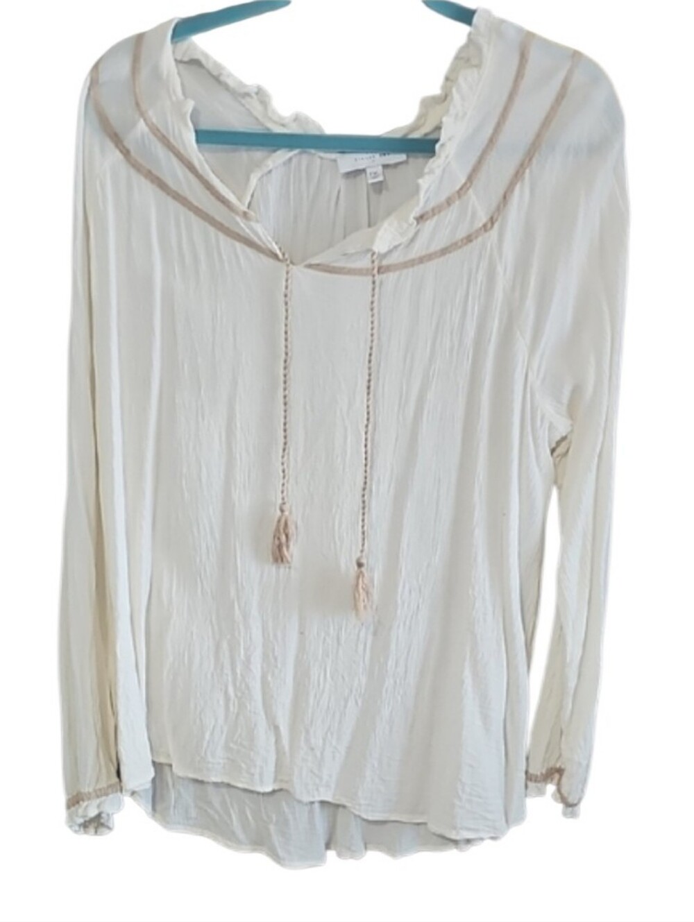 New Directions Cream Boho Blouse with Tassel Accents